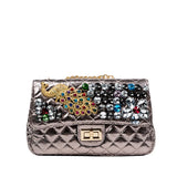 Solid Diamond Inlaid Leather Crossbody Bag with Peacock Chain