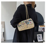 Solid Diamond Inlaid Leather Crossbody Bag with Peacock Chain