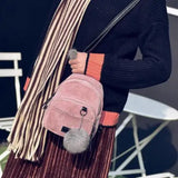 Women Corduroy Solid Backpack Shoulder Bag Plush Ball Travel Handbag