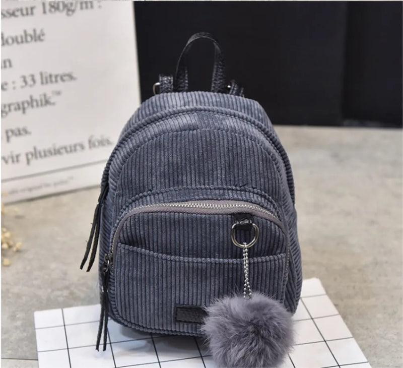 Women Corduroy Solid Backpack Shoulder Bag Plush Ball Travel Handbag