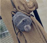 Women Corduroy Solid Backpack Shoulder Bag Plush Ball Travel Handbag