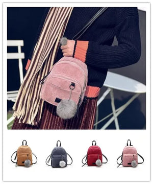Women Corduroy Solid Backpack Shoulder Bag Plush Ball Travel Handbag