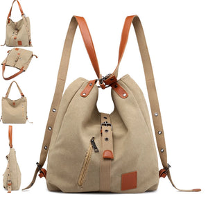 Khaki Canvas Travel Backpack Large Shoulder Handbag