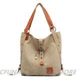 Khaki Canvas Travel Backpack Large Shoulder Handbag