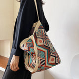 Geometric Patterns Shoulder Bag Large Capacity Handle Woven Pouch Tote