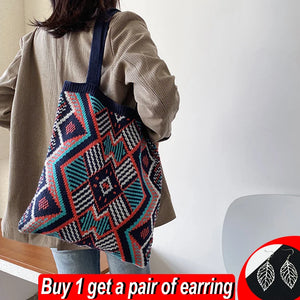 Geometric Patterns Shoulder Bag Large Capacity Handle Woven Pouch Tote
