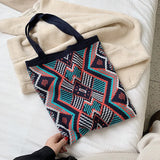 Geometric Patterns Shoulder Bag Large Capacity Handle Woven Pouch Tote