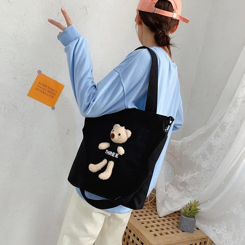 Bear Canvas Bag Large Capacity Women's Shoulder Bag Leisure Students' Make up Sc