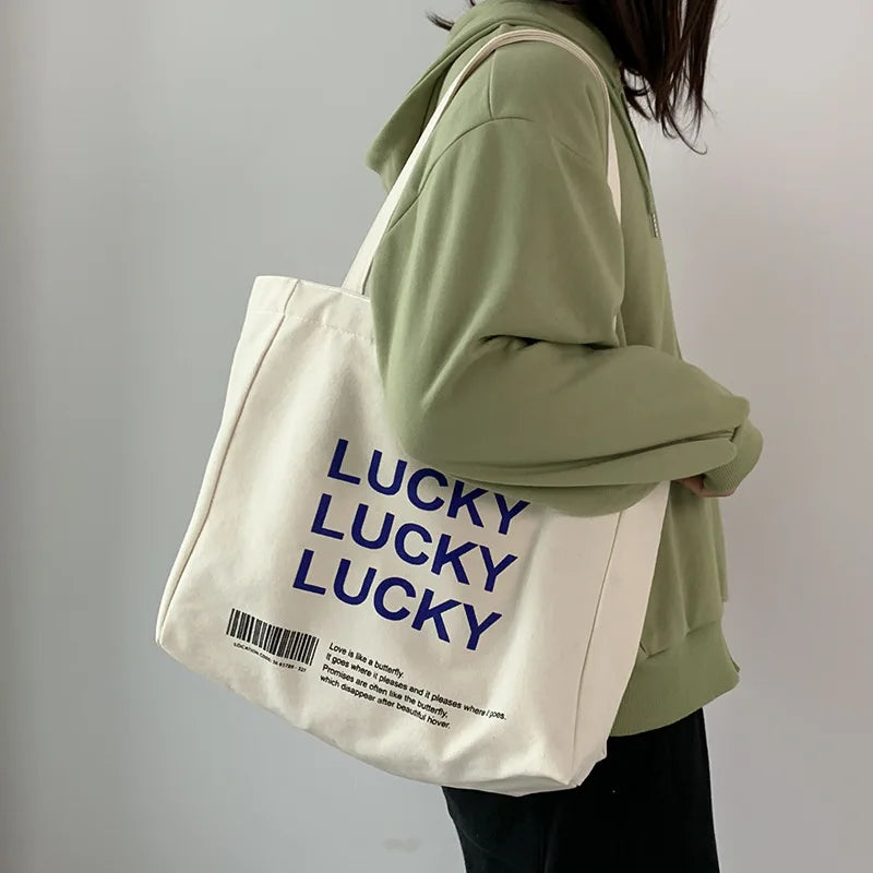 Canvas Shopping Bag Retro Ins Letter Shoulder Tote Portable Large-capacity