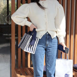 Striped Shoulder Bag Canvas Women Square Tote Bag Female Summer Beach Bags
