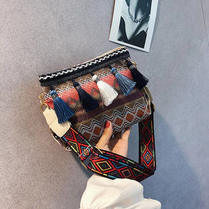 Ethnic Style Tassel Bucket Shoulder Bag