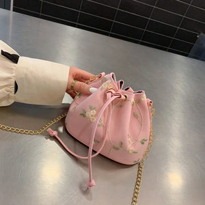Embroidery Lace Shoulder Bucket Bag Drawstring Messenger Crossbody Bag