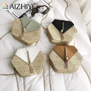 Ladies Straw+PU Shoulder Handbag Women Top-handle Summer Beach Boho Bag