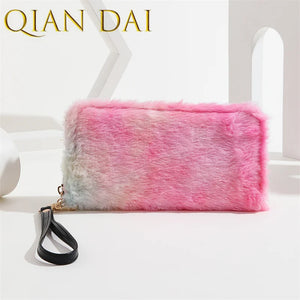 Ladies Plush Long Wallet Large Capacity Clutch Zipper Cell Phone Bag