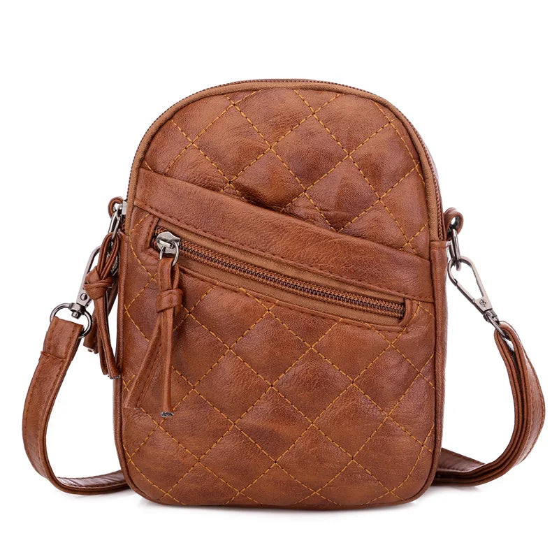 Ladies Soft Leather Shoulder Bag Diamond Multi-layer Retro Mobile Phone Bags