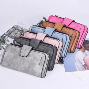 Women's Three-fold Long Wallet with Buckle Closure