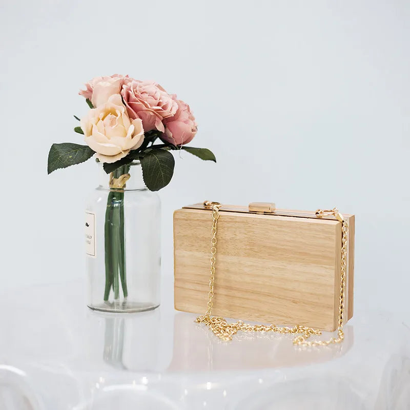 Wood Shoulder Messenger Bag Evening Clutch Metal Hasp Handbag