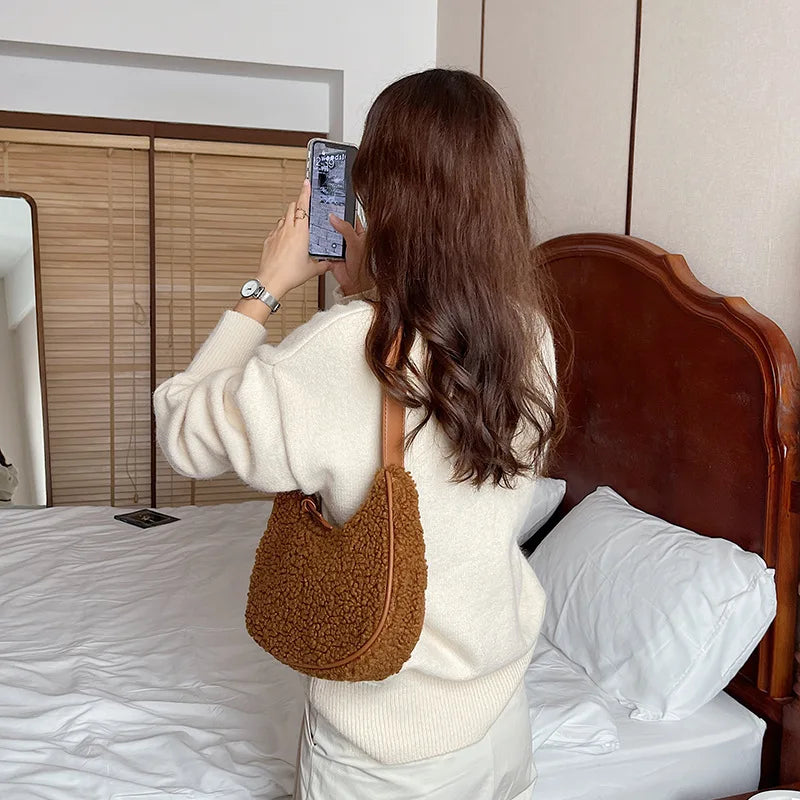 Soft Lambswool Shoulder Bag for Women Winter Handbags Plush Half Moon