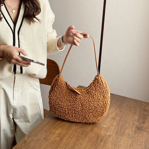 Soft Lambswool Shoulder Bag for Women Winter Handbags Plush Half Moon
