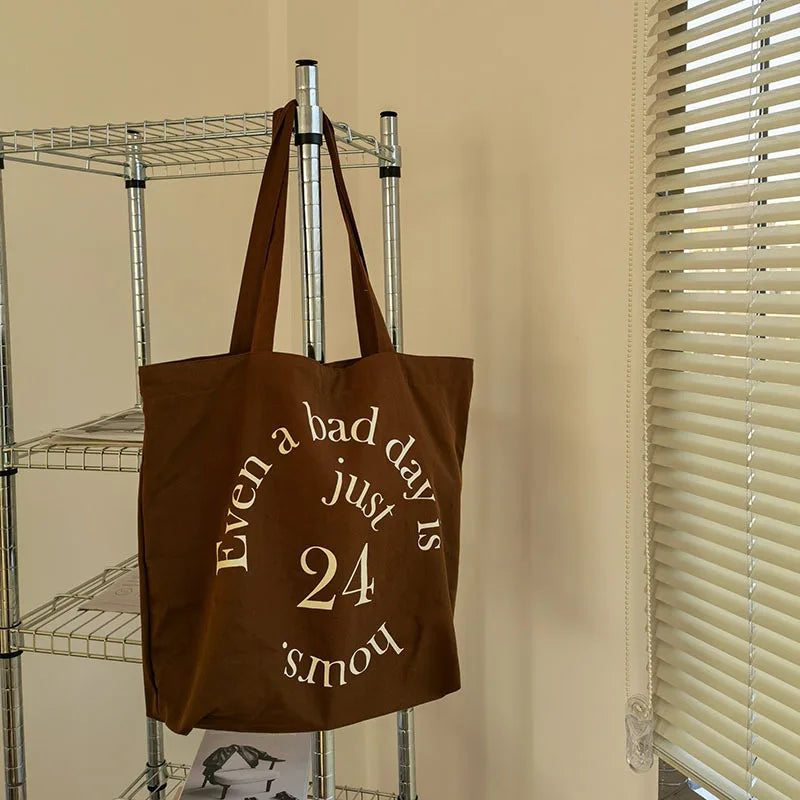 Large-Capacity Canvas Letter Print Shoulder Tote Handbag