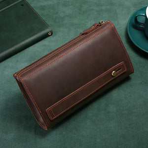 Men's Leather Clutch Double Zipper Long Wallet
