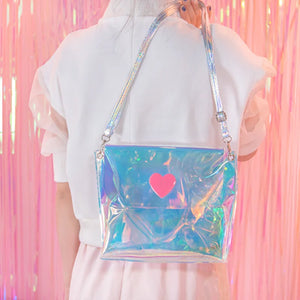 Laser Transparent Heart Bucket Bag Crossbody PU Leather Shoulder Handbag