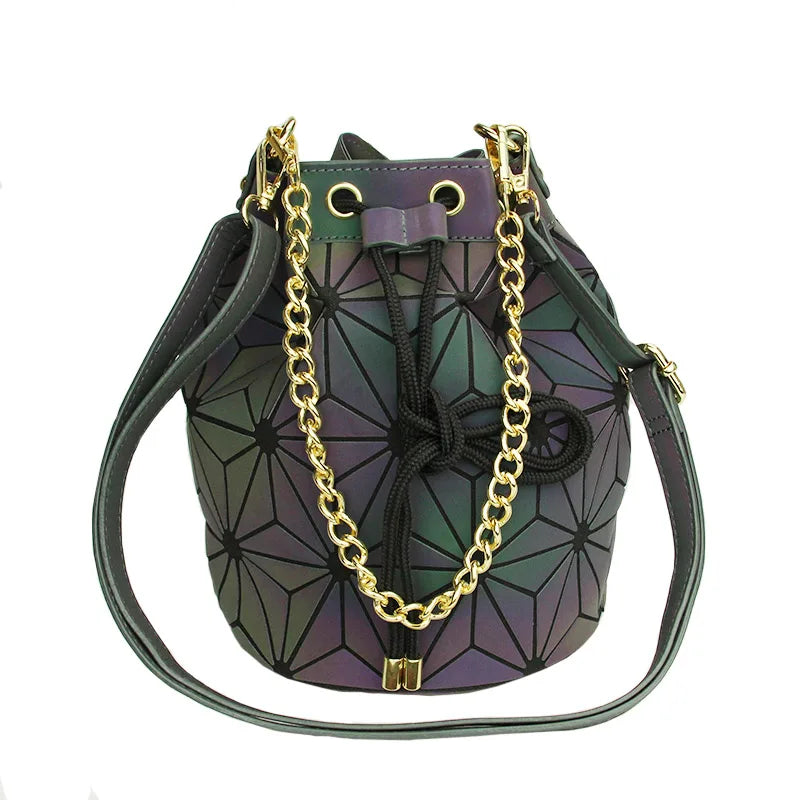 Women Drawstring Bucket Bags Geometry Plaid Shoulder Bags