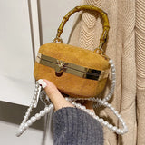 Square Faux Suede Evening Bag Retro Handbag Clutch with Wood Grain - Party Purse