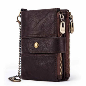 Men Small Leather Wallet Double Zipper Short Clip Multifunction Male