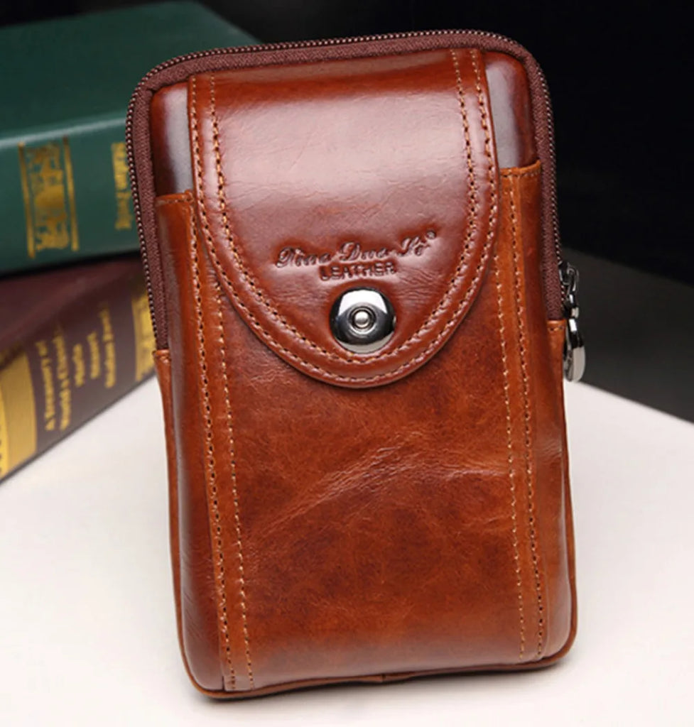 Men's Leather Cowhide Belt Pouch Fanny Pack Waist Bag