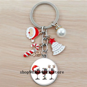 Christmas Happy Year Cartoon Keychain Glass Bead Pendant Keychain