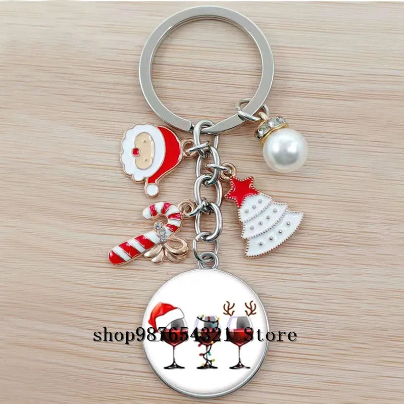 Christmas Happy Year Cartoon Keychain Glass Bead Pendant Keychain