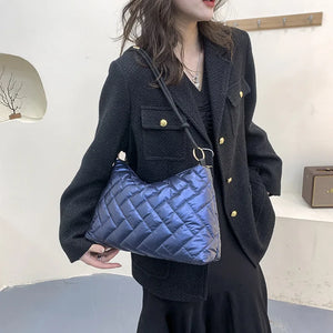 Nylon Down Shoulder Bag Plaid Crossbody Tote for Women