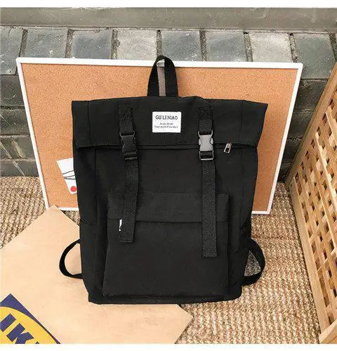 Nylon Waterproof Casual Student Backpack Harajuku Style Solid Buckle Bag