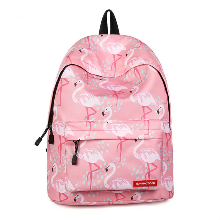Pink Flamingo Printed Nylon Women Backpack for Teenage Girls