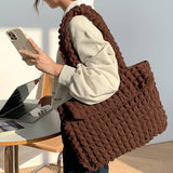 Pleated Grid Tote Nylon Flap Shoulder Bag