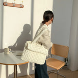 Pleated Grid Tote Nylon Flap Shoulder Bag