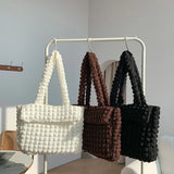 Pleated Grid Tote Nylon Flap Shoulder Bag