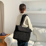 Pleated Grid Tote Nylon Flap Shoulder Bag