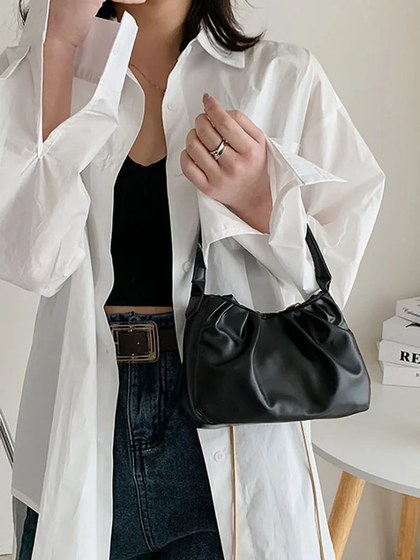 Pleated Top Handle Bag Women's Shoulder Crossbody PU Leather Handbag