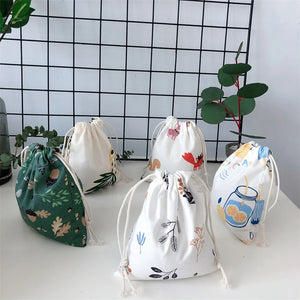 Print Cotton Drawstring Bag Small Size Storage Christmas Gift
