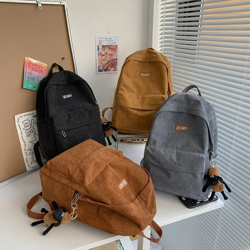 Striped Corduroy Backpack for Teenage Girls, School Bag, Shoulder Bag