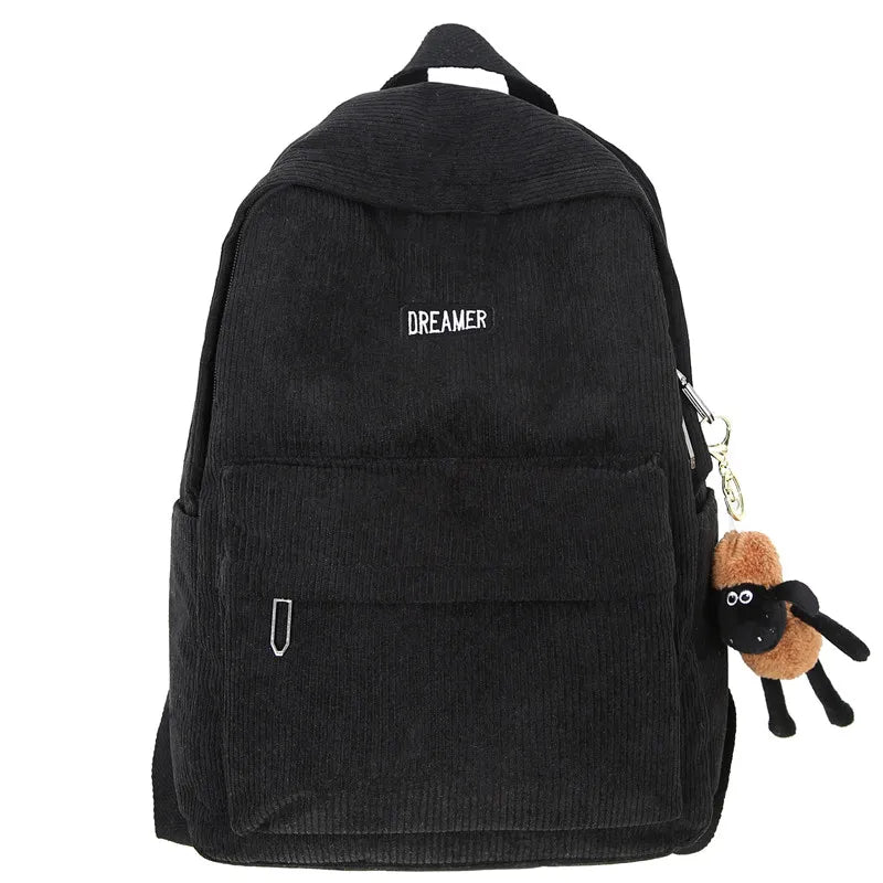 Striped Corduroy Backpack for Teenage Girls, School Bag, Shoulder Bag