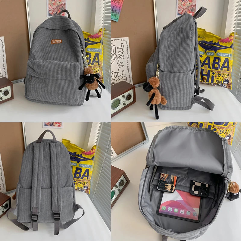 Striped Corduroy Backpack for Teenage Girls, School Bag, Shoulder Bag
