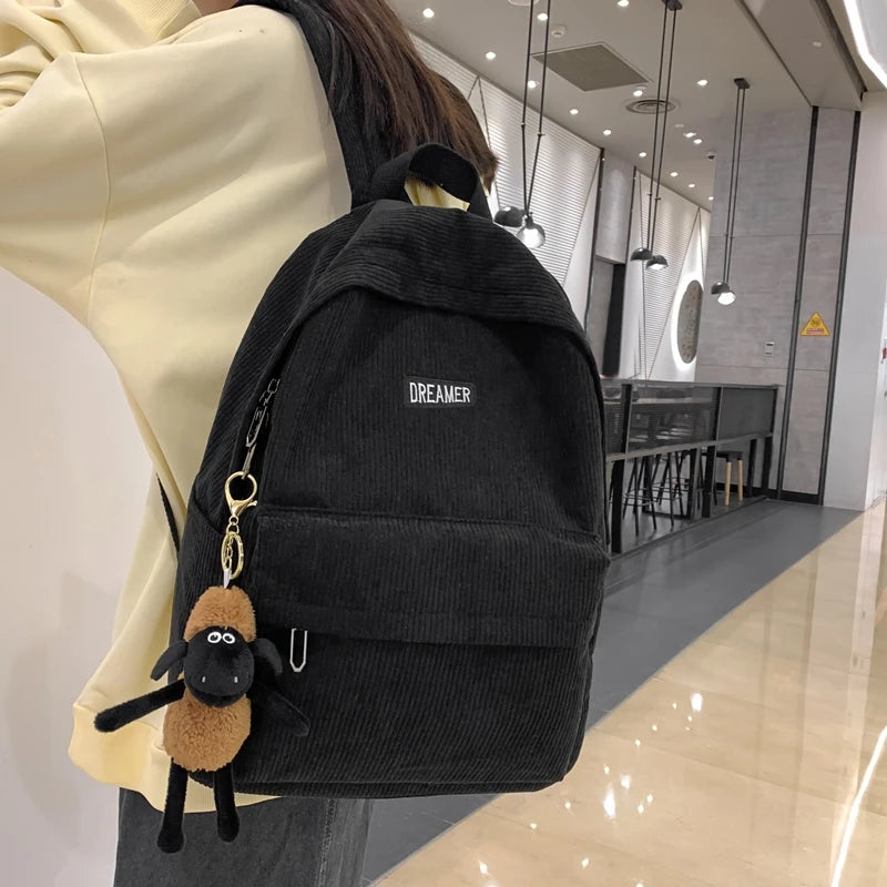 Striped Corduroy Backpack for Teenage Girls, School Bag, Shoulder Bag