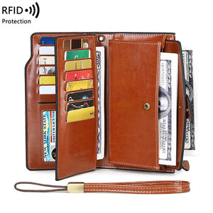RFID Anti-Theft Unisex Wallet Oil Wax Leather Retro Wallet Large Capacity Clutch