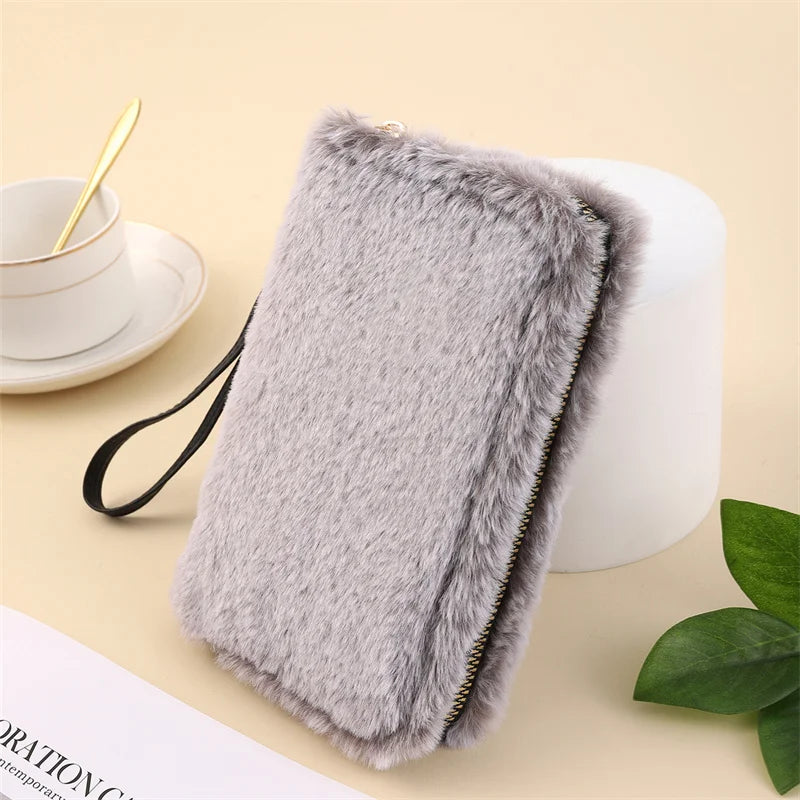 Plush Wallet Rabbit Fur Men Women Long Storage Bag