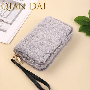 Plush Wallet Rabbit Fur Men Women Long Storage Bag