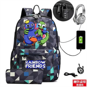 Rainbow Canvas Backpack for Boys Girls Waterproof Anti-Theft USB Bags