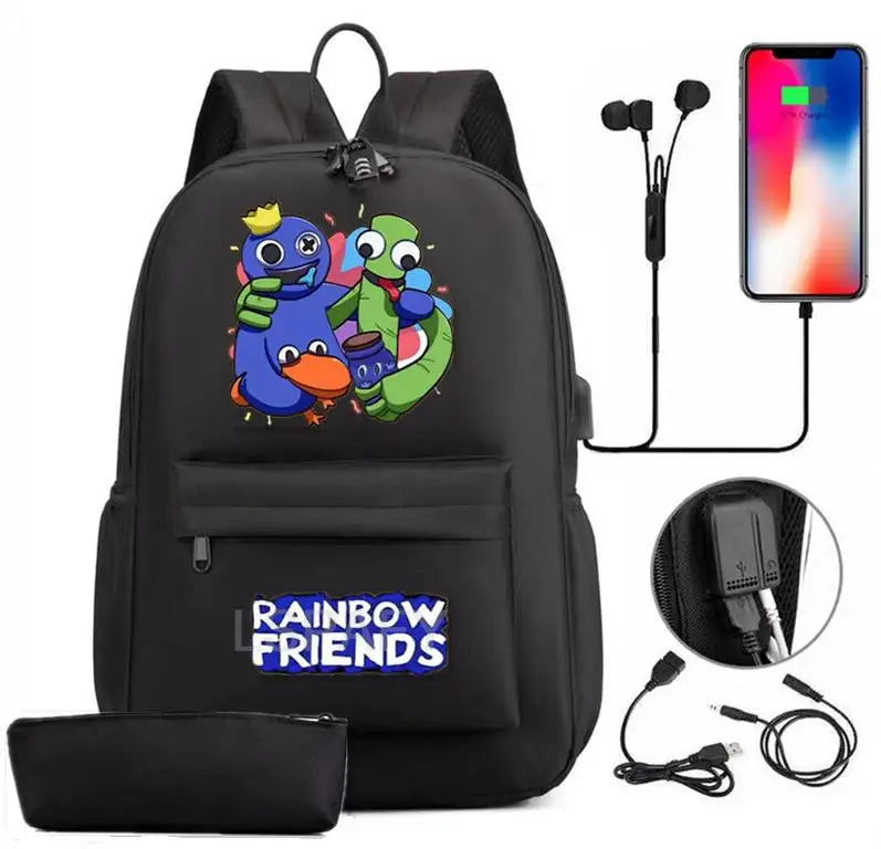Rainbow Canvas Backpack for Boys Girls Waterproof Anti-Theft USB Bags